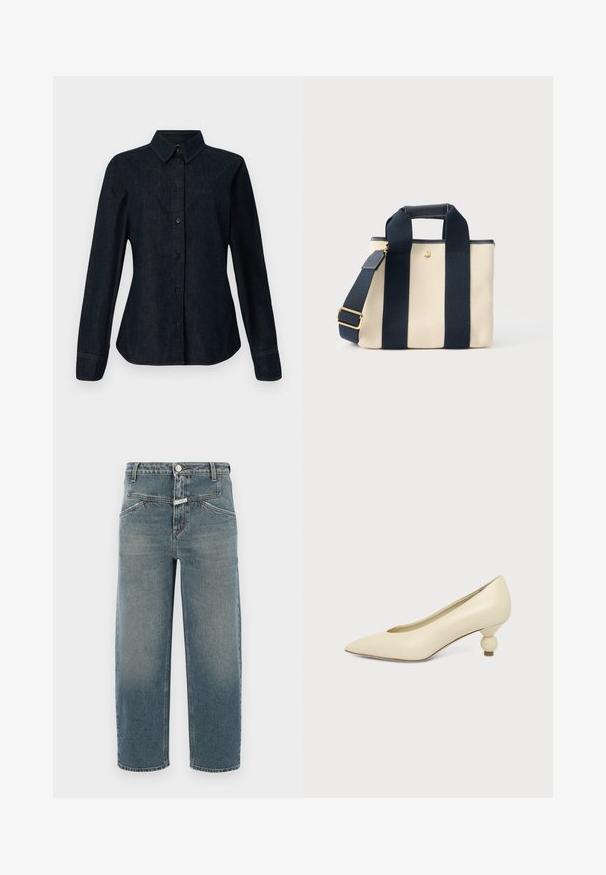 CLOSED SEAMING SHIRT - Overhemdblouse - dark blue; CLOSED STOVER X - Jeans Tapered Fit - mid blue; Dames schoen in roomkleur met een puntige neus en een lage, ronde balvormige hak op een effen achtergrond.; Kleine beige canvas draagtas met twee brede zwarte verticale banden, een kort handvat en een verstelbare schouderriem met een gouden gesp.