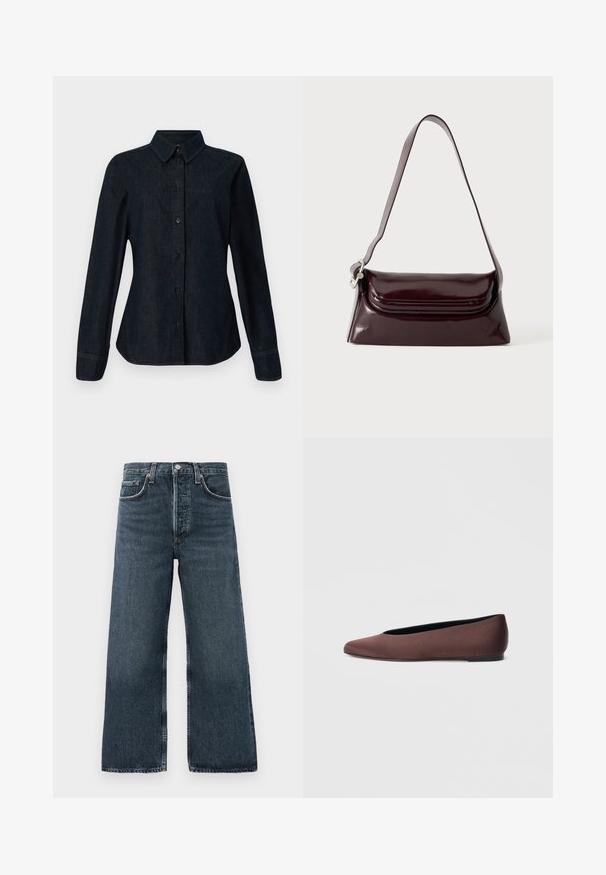 CLOSED SEAMING SHIRT - Blúzka so zapínaním na gombíky - dark blue; Tmavé denimové nohavice s širokými nohavicami, so zapínaním na gombík a zips, obsahujúce päť vreciek a jemnými ohybmi na látke.; Hnedé baletné baleríny z tkaniny so zašpicatenou špičkou a hladkou textúrou, s nízkym chrbtom a tenkou čiernou podrážkou. Bez viditeľných vzorov alebo kovania.; Tmavá bordová kožená kabelka cez rameno s klopovým zapínaním a tenkým nastaviteľným popruhom, zobrazená na jednoduchom svetlom pozadí.