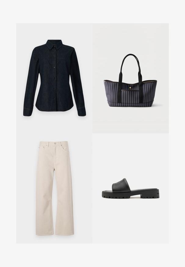 CLOSED SEAMING SHIRT - Paitapusero - dark blue; Beige leveled-hameet farkut valmistettu puuvillasta, joissa on korkea vyötärö, kaksi etutaskua ja nappikiinnitys metalliosilla.; MARC JACOBS Matalakantaiset pistokkaat - black; Musta kangaskassi, jossa valkoiset pystysuorat raidat, kaksi pitkää mustaa kantokahvaa ja pieni etutasku kultaisella napin sulkimella.