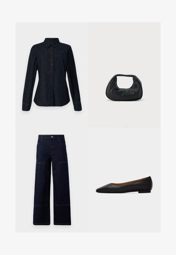 CLOSED SEAMING SHIRT - Hemdbluse - dark blue; Dunkelblaue weit geschnittene Jeans mit aufgesetzten Vorder-Taschen und kontrastierenden orangefarbenen Nähten, Knopfverschluss an der Taille.; Schwarzer flacher Schuh aus Leder mit spitz zulaufender Vorderkappe, niedrigem Absatz und glatter Oberfläche, von der Seite vor einem hellgrauen Hintergrund dargestellt.; Schwarze gewebte Hobo-Tasche mit weicher Struktur und integriertem Griff, dargestellt vor einem schlichten hellen Hintergrund.