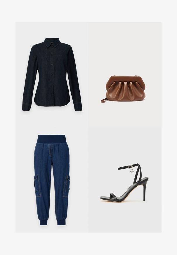 CLOSED SEAMING SHIRT - Hemdbluse - dark blue; Denim-Jogginghosen mit einem breiten elastischen Bund, zwei seitlichen Cargo-Taschen und gerippten Bündchen; dunkelblaue Farbe mit kontrastierenden Nähten.; Schwarze High-Heel-Sandale mit schmalem Knöchelriemen, quadratischer Zehenbox, glattem Leder und metallischem Schnallenakzent.; Braune Leder-Clutch mit gerafftem Design und strukturiertem Rahmen oben, ausgestattet mit einem kleinen Handgelenksriemen und goldfarbenen Verschlussdetails.