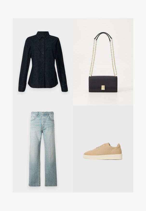 CLOSED SEAMING SHIRT - Nööpidega pluus - dark blue; Heledad denim teksad, otse jalgadega kujundusega, kõrge vöökoht, eesmine taskud ja pleekinud tekstuur. Lõpetatud peene tikandiga vöökohaga.; Beežistikud, millel on sujuv tekstuur, ümar varvas ja minimalistlik disain. Omab kreemika värvi talla ja kuute silmust lukkude jaoks.; Mustmust kott, millel on ristkülikuline kuju, kuldse ahelaga rihm ja ruudukujuline kuldne lukudetail. Sile tekstuur, minimalistlik disain.