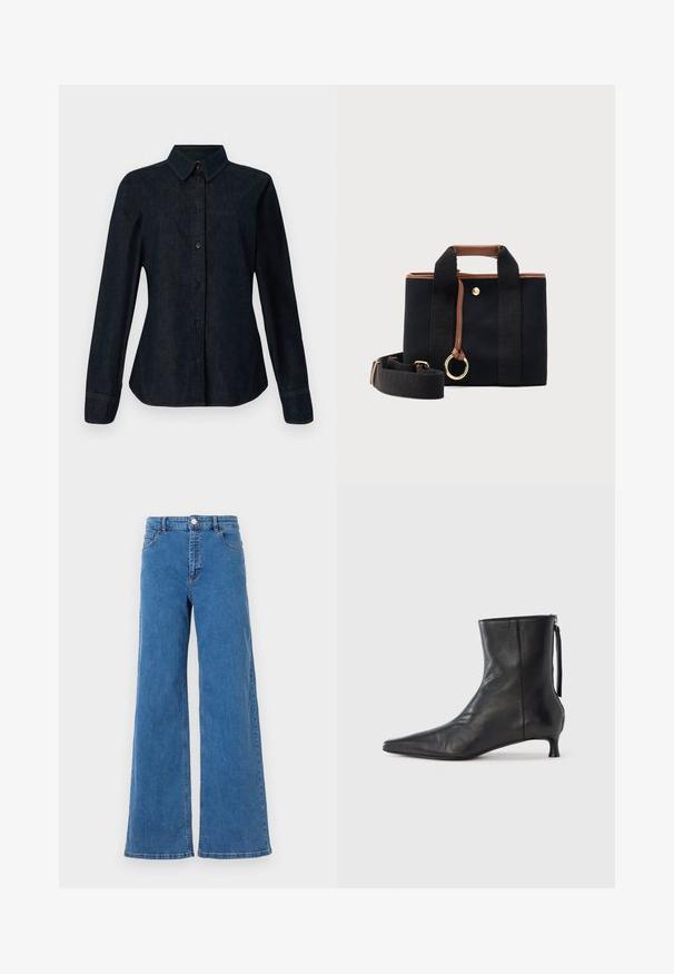 CLOSED SEAMING SHIRT - Nööpidega pluus - dark blue; Laiad sinised denim püksid kõrge vöökohaga, ees taskud ja nööbiga kinni. Kanga pind on sile ja klassikaline õmblusmustritega.; Must nahast anklasaabas terava nina, struktureeritud kujuga ja madala kontsaga. Omab külgmist tõmblukku ja minimalistlikku disaini.; Mustast kangast kandekott pruuni nahast äärisega, lühikeste sangade, eemaldatava laia õlarihma ja kuldse rõngaga võtmehoidja detailiga.