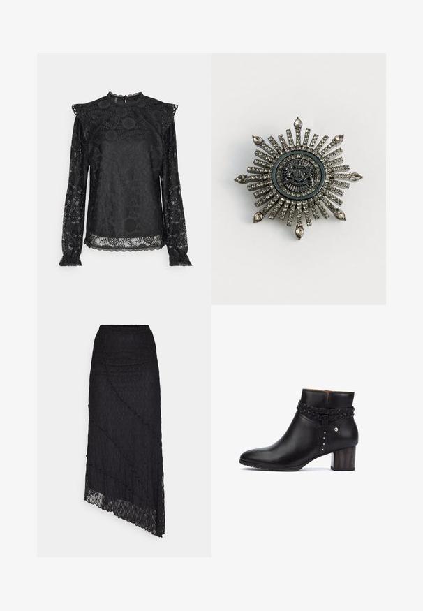 PIECES Tall PCOLLINE - Bluse - black; ONLY ONLKIM SLIT - Maxinederdele - black; Pikolinos CALAFAT - Ankelstøvler - black; Stjerneformet brosche i sølvfarvet metal med klare rhinsten. Det centrale design har et rundt emblem med indviklede detaljer.