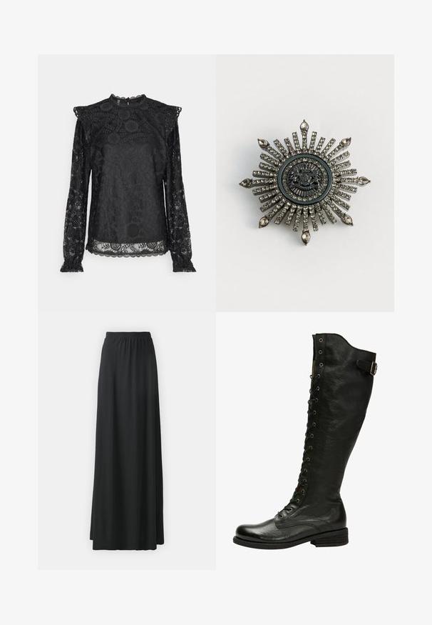 PIECES Tall PCOLLINE - Blouse - black; Jupe maxi noire en tissu doux et extensible avec une taille élastique, présentant une silhouette fluide en A.; Botte en cuir noir hauteur genou avec un laçage à l'avant, œillets en métal argenté et boucle sur le côté. Présente une finition texturée et un talon empilé.; Broche en forme d'étoile en métal argenté avec des strass clairs. Le design central présente un emblème circulaire avec des détails délicats.