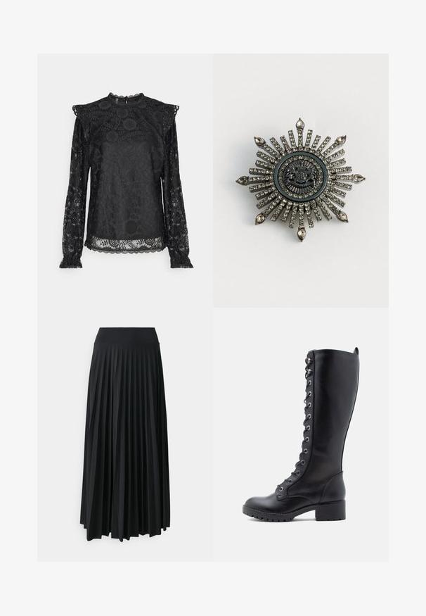 PIECES Tall PCOLLINE - Blusa - black; Falda maxi negra con pliegues y cinturilla elástica ancha. Fabricada con un tejido suave y fluido, presenta pliegues verticales para añadir textura.; Botas de cuero negro hasta la rodilla con puntera redondeada, cordones en el frente, ojales de metal y tacón grueso. Acabado texturizado con una apariencia suave.; Broche en forma de estrella en metal de tono plateado con rhinestones transparentes. El diseño central presenta un emblema circular con un detallado intrincado.