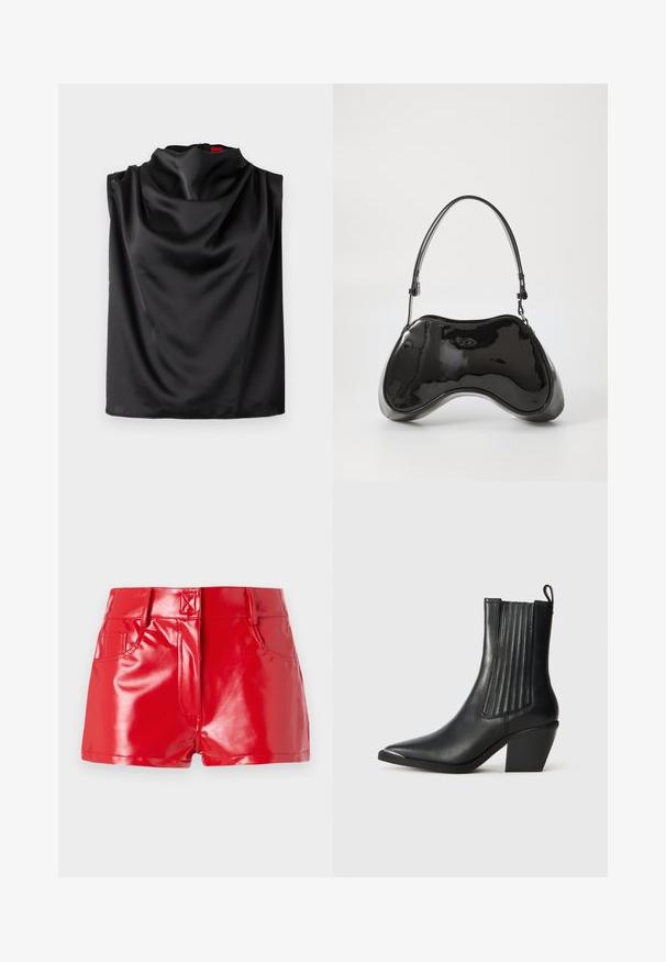 Sort satin ærmeløs bluse med draperet sløjfehals, glat tekstur og en lynlås i siden. Etiket synlig i rødt inde i tøjet.; Røde faux læder shorts med en blank finish, der har høj talje, forlommer og syningsdetaljer. Struktureret, tætsiddende design.; Sort læder ankelstøvle med spids tå, ribbede sidepaneler og en kraftig hæl, placeret på en struktureret fliseoverflade.; Sort patentlæder håndtaske med en unik buet form, kort justerbar hank og en lynlåslukning i toppen. Glat tekstur med diskret branding.