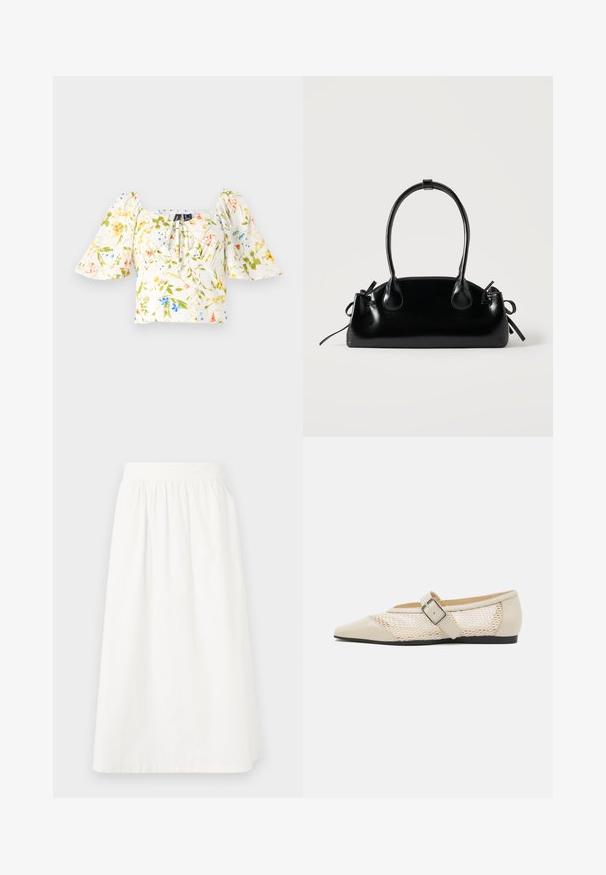 Top court floral avec des manches bouffantes, se caractérise par un décolleté carré, tissu principalement blanc avec des motifs floraux verts, jaunes et bleus.; Jupe blanche, longueur genou, faite en coton avec une taille élastique. Présente une texture lisse et un design ample et fluide.; Ballerines beiges à bout pointu avec un design à panneaux en maille, dotées d'une sangle à boucle et d'une semelle noire basse, mettant en avant un contraste de texture.; Petit sac à main noir brillant avec deux longues anses et des détails à cordon sur les côtés sur un fond clair uni.
