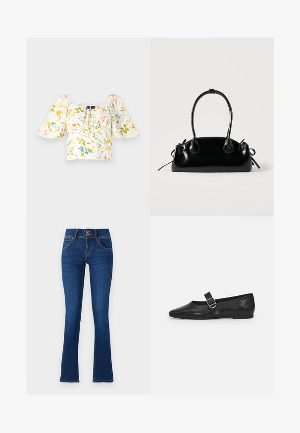 Kvetinový crop top s nafúknutými rukávmi, má štvorcový výstrih a je prevažne biely s kvetinovými vzormi v zelenej, žltej a modrej farbe.; Tmavomodré rozšírené džínsy vyrobené z denimu. Obsahujú dva predné vrecká, zapínanie na dva gombíky a jemné prešívanie. Hladká textúra.; Čierna kožená plochá obuv s okrúhlym nosom, jedným nastaviteľným pásikom so sponou a hladkým, lesklým povrchom. Minimalistický dizajn s nízkym podpätkom.; Malá čierna lesklá kabelka s dvoma dlhými rúčkami a bočnými šnúrkovými detailmi na jednoduchom svetlom pozadí.