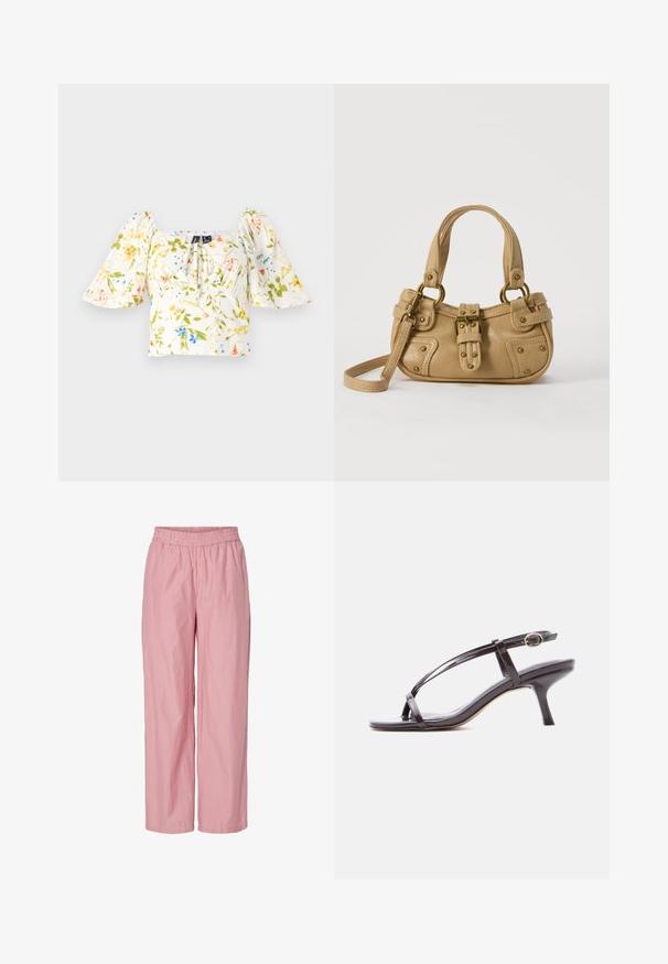 Blumen-Crop-Top mit Puffärmeln, verfügt über einen quadratischen Ausschnitt, aus überwiegend weißem Stoff mit grünen, gelben und blauen Blumenmustern.; Rosa gestreifte weit geschnittene Hose mit elastischem Bund. Hergestellt aus leichtem Stoff mit glatter Textur. Enthält subtile vertikale Streifen.; Schwarze Lackleder-Kitten-Heel-Sandale mit dünnen, überkreuzten Riemchen und einer kleinen goldenen Schnalle am Knöchelriemen.; Beige Lederhandtasche mit doppelten Griffen, Messingschnalle und Nieten, sowie verstellbarem Schultergurt vor weißem Hintergrund.