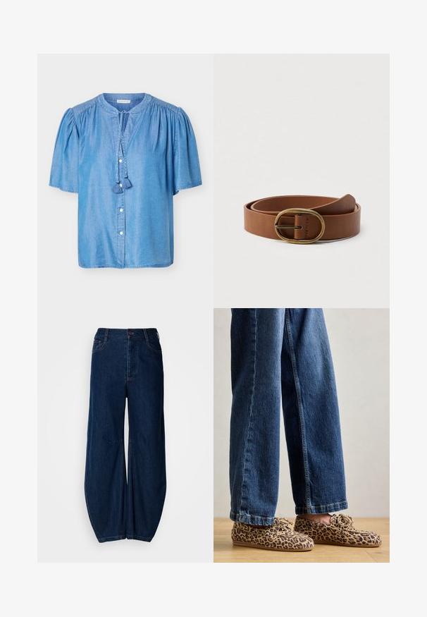 Lyseblå kortærmet bluse med rund halsudskæring, knapper foran, rynkede skuldre og to kvastbånd ved halsen.; Mørkeblå denim brede benjeans med høj talje, knaplukning og to frontlommer. Har en glat struktur og synlige sømme.; Læderloafers med leopardmønster, lavet af ruskind, med rund tå, snøre-design og flade, fleksible såler, parret med blå denim jeans.; Brunt læderbælte sammenrullet med en oval messing spænde, vist på en ensfarvet hvid baggrund.