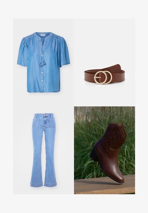 Blouse bleu clair à manches courtes, col rond, boutons sur le devant, épaules froncées et deux liens à pompons au niveau du cou.; Jean en denim bleu clair taille haute avec poches plaquées devant et jambes évasées sur fond blanc uni.; Botte de cowboy en cuir marron avec des coutures décoratives, inclinée vers le haut sur une surface en bois avec un arrière-plan flou d'herbe verte.; Ceinture en cuir marron dotée de deux boucles circulaires en ton or, avec une texture lisse et un design minimaliste. La longueur et la largeur varient.
