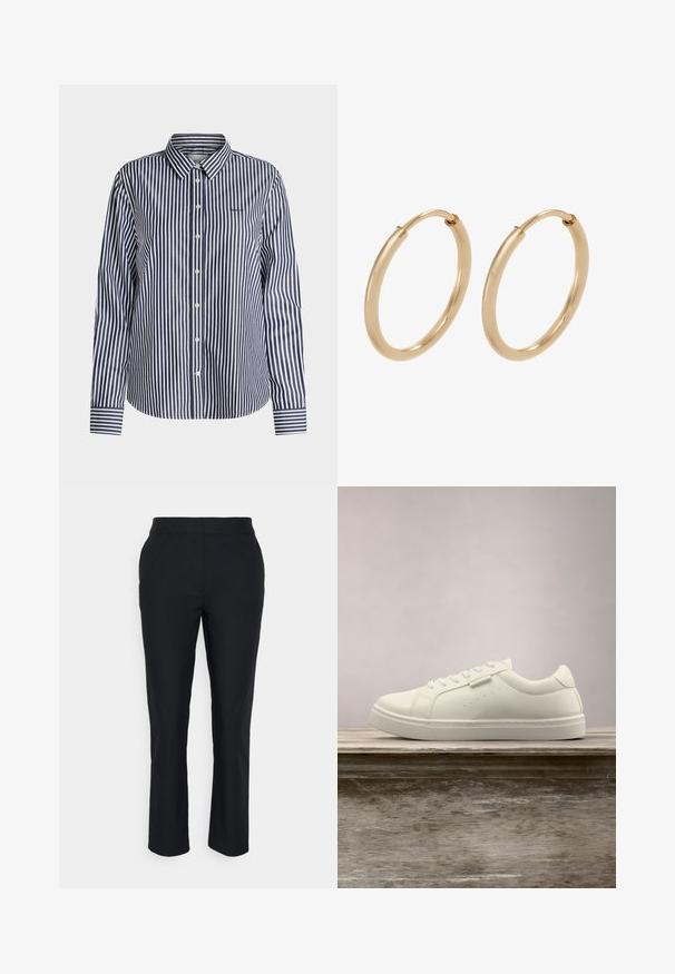 Camisa de manga larga abotonada con rayas verticales azul marino y blancas y cuello clásico, mostrada sobre un fondo liso.; Pantalones negros ajustados con pierna recta, hechos de una tela suave. Presentan una cinturilla sin cierres visibles ni bolsillos.; Zapatilla blanca de cuero con cordones flotando sobre un banco de madera, con hierba alta verde desenfocada al fondo en un entorno al aire libre.; Pendientes de aro de oro con un acabado suave y pulido. Forma redondeada, tamaño mediano, con un mecanismo de cierre seguro.