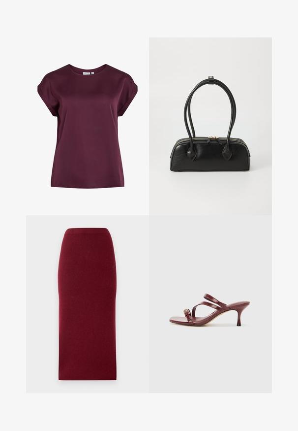 Bordeaux korte mouwen top met een ronde halslijn, gemaakt van soepele, lichte stof, met een losse pasvorm en een eenvoudig ontwerp.; Bordeaux gebreide midi-rok met een aansluitende silhouette, gladde textuur en een tailleband. Geen zichtbare naden of patronen. Effen kleur door het hele stuk.; Bordeaux gepatenteerde leren sandalen met hoge hakken, een vierkante teen, twee slanke bandjes en een decoratieve gouden gesp aan de zijkant.; Zwarte leren handtas met twee verlengde handvatten, ritsluiting en ronde vorm; gladde textuur met subtiele glanzende afwerking.