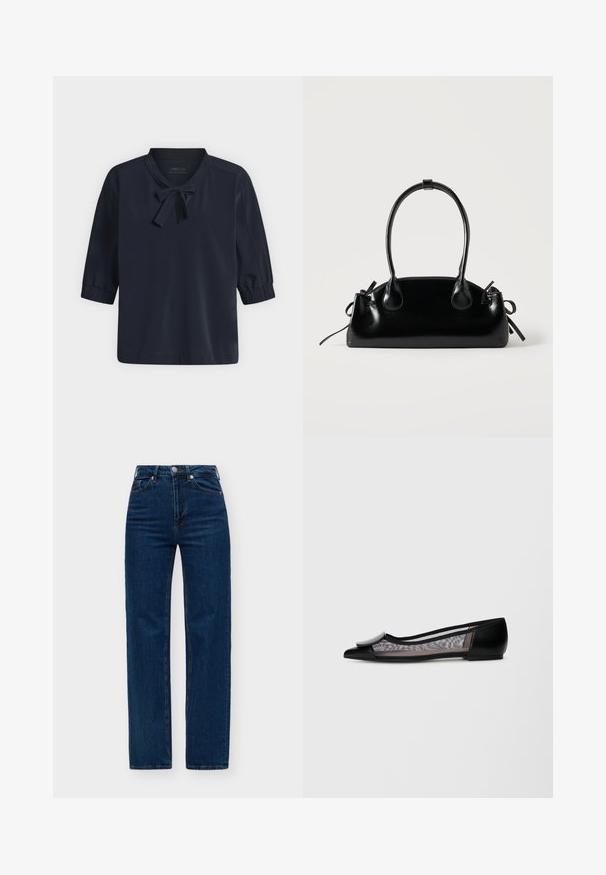 Marineblå bluse med puffede ærmer til albuerne og en lille bundet sløjfe ved halsudskæringen, vist på en ensfarvet lys baggrund.; High-waisted, lige ben, mørkeblå denimjeans med forreste knap, lynlås og lommer mod en lys baggrund.; Sort flad sko med spids tå, der har en mesh-overdel, rund detalje foran og en lav hæl.; Lille sort blank håndtaske med to lange håndtag og snøre-detaljer i siden på en ensfarvet lys baggrund.