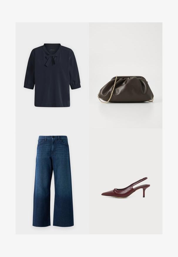 Blusa azul marino con mangas abullonadas hasta el codo y un pequeño lazo atado en el escote, mostrada sobre un fondo claro y liso.; Jeans de mezclilla azul oscuro de pierna ancha con botón frontal, pasadores para cinturón y diseño clásico de cinco bolsillos sobre fondo liso.; Zapato slingback burdeos de piel con tacón kitten, punta puntiaguda y pequeño detalle de lazo en la parte superior, mostrado sobre fondo blanco.; Bolso de mano de cuero marrón con un diseño fruncido, correa de cadena dorada y un acabado suave y texturizado. Forma compacta adecuada para uso nocturno.