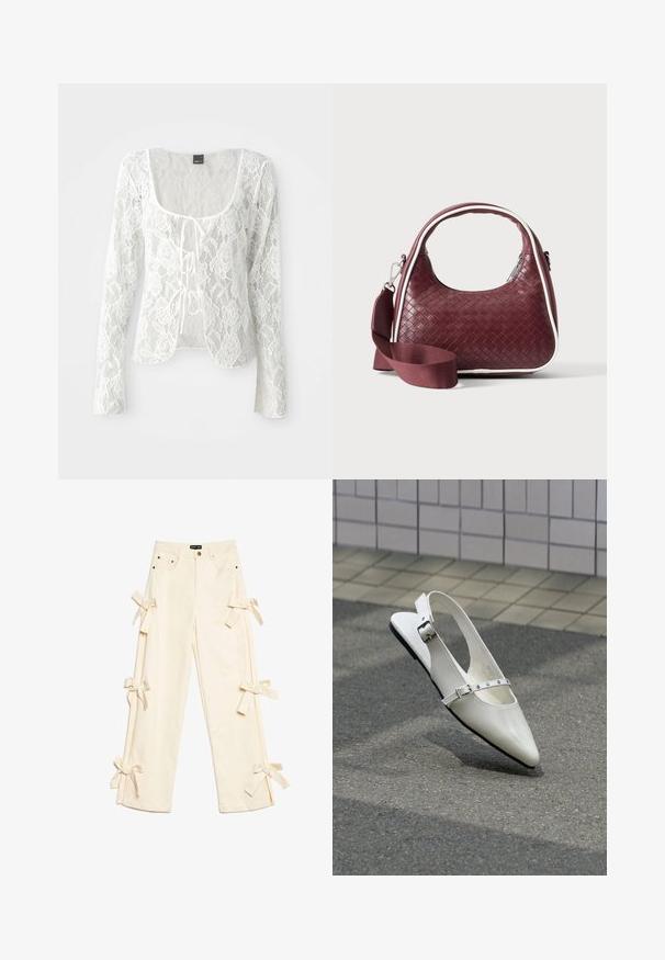 Hvid blonde langærmet cardigan med rund udskæring og knyt-front lukning. Blomster mønster med en gennemsigtig tekstur og buet nederkant.; Cremefarvede bukser med bred benvidde og høj talje, fem lommer, metalknap og stofsløjfer bundet langs begge bukseben.; Hvid spids slingback flad sko med to sølvspænder, vist udendørs på tekstureret underlag og flisebelagt væg baggrund.; Mørkerød vævet lædertaske med buet hank, hvid kant, sølv lynlås og aftagelig bred stofskulderrem mod en ensfarvet baggrund.