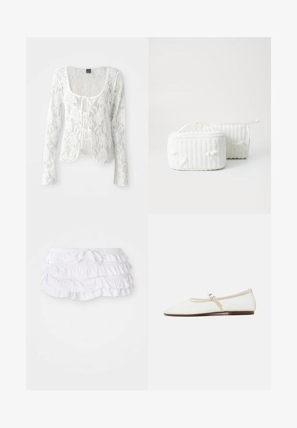 Hvid blonde langærmet cardigan med rund udskæring og knyt-front lukning. Blomster mønster med en gennemsigtig tekstur og buet nederkant.; Hvid rynket svømmedragt med flere lag, der har en justerbar snøre i taljen. Blødt stof med en glat tekstur.; Hvid Mary Jane flad sko med spids tå, tynd justerbar rem med sølvspænde og brun sål på hvid baggrund.; To hvide tekstil kosmetikpunge, den ene rektangulær med et bærehåndtag, som har ribbet tekstur og små sløjfer på siderne. Den anden er cylindrisk.