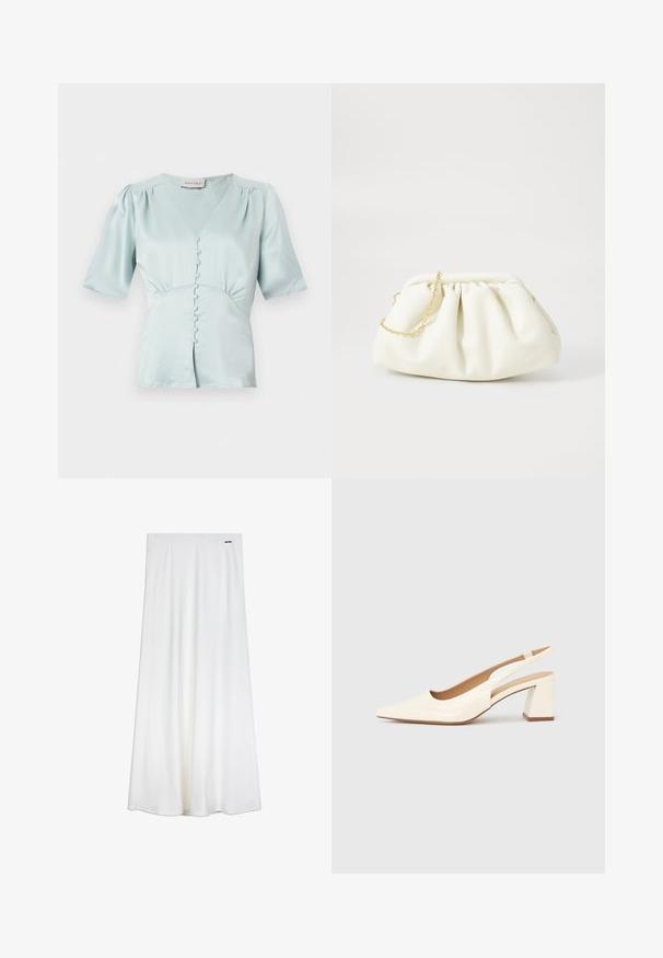 Blouse bleu clair à manches courtes avec col en V, boutons devant recouverts, épaules légèrement bouffantes et taille froncée.; Jupe longue blanche en tissu lisse, présentant une silhouette droite et des plis subtils, avec un petit logo argenté près de la taille.; Escarpin slingback en cuir verni crème brillant, avec un bout pointu et un talon carré épais pour la stabilité. Design minimaliste, sans ornements.; Sac à main en cuir blanc avec un design plissé, doté d'une bandoulière en chaîne dorée et d'une forme arrondie. Texture lisse avec des plis doux et sans motifs.