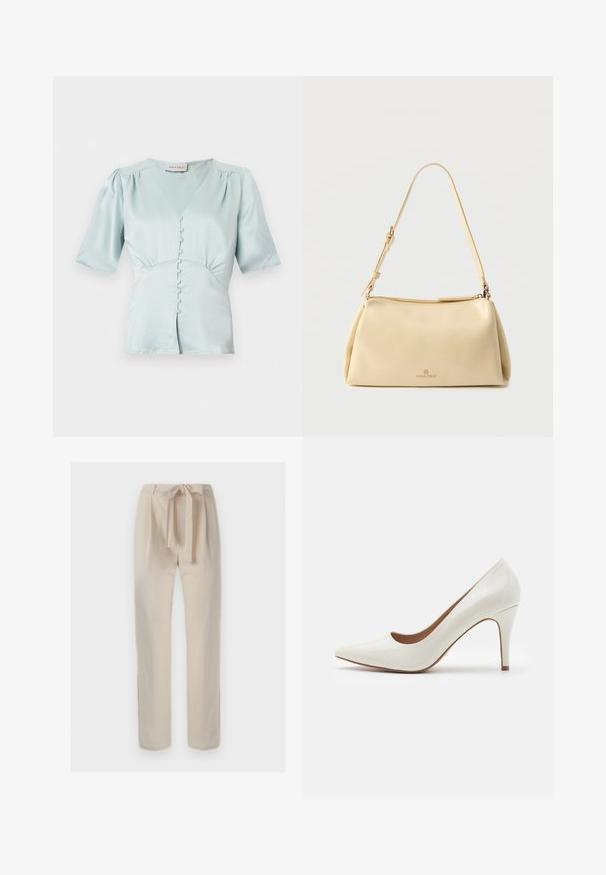 Blouse bleu clair à manches courtes avec col en V, boutons devant recouverts, épaules légèrement bouffantes et taille froncée.; Pantalon beige taille haute avec une ceinture en tissu nouée en nœud, coupe droite et détails minimalistes sur un fond uni.; Chaussure à talon haut en cuir verni blanc avec un bout pointu et une surface lisse, dotée d'un talon fin et d'une découpe basse autour de l'ouverture.; Sac bandoulière rectangulaire beige avec sangle réglable et fermeture éclair, comportant un petit logo "Anna Field" au centre avant.