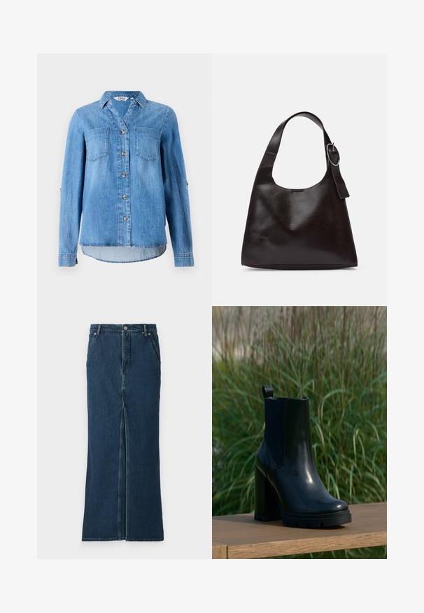 Hellblaues Denimhemd mit durchgehendem Knopfverschluss, zwei Brusttaschen und hochgerollten Ärmeln mit Knopfdetail.; Good American FIT AND FLARE MAXI SKIRT - Jeansrock - indigo; Schwarze, glänzende Leder-Ankle-Boots mit klobigem hohen Absatz und Zuglasche, präsentiert auf einer Holzoberfläche vor einem Hintergrund aus hochgewachsenem grünem Gras.; Braune Lederumhängetasche mit glatter Textur, runder Form, breitem Tragegurt und metallischem, kreisförmigem Akzent am Griff.
