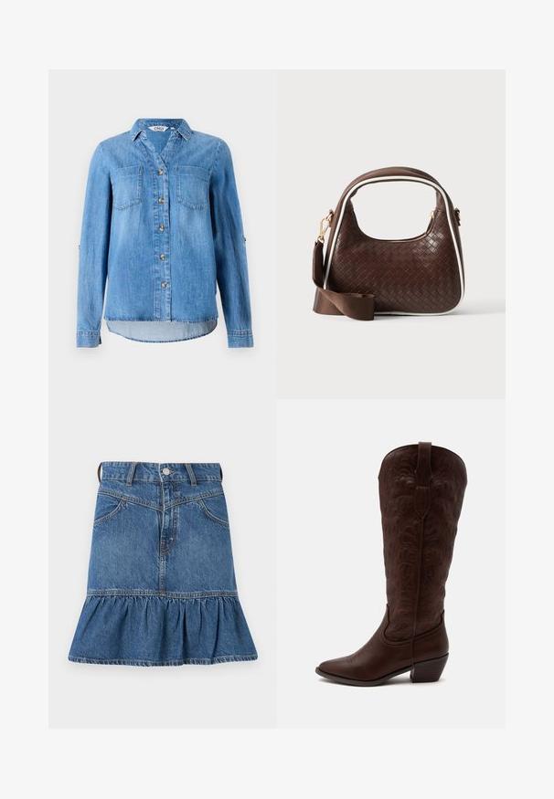Chemise en denim bleu clair avec un devant à boutons, deux poches poitrine et des manches retroussées avec détail à bouton.; Jupe en denim, bleue, avec une taille cintrée, cinq poches et un ourlet volanté évasé en bas. Comprend un bouton en métal et une fermeture éclair.; Botte de cowboy haute en cuir marron avec des coutures détaillées, un bout pointu et un talon bloc sur un fond clair uni.; Sac à main en cuir tressé marron avec passepoil blanc, fermeture éclair dorée et bandoulière amovible en tissu marron.