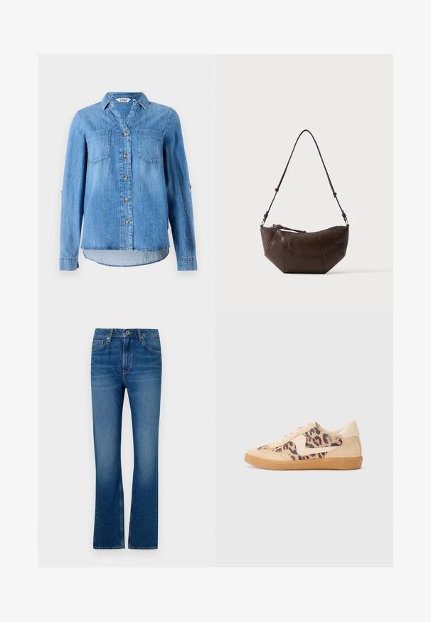Hellblaues Denimhemd mit durchgehendem Knopfverschluss, zwei Brusttaschen und hochgerollten Ärmeln mit Knopfdetail.; Blaue Jeans mit ausgestelltem Bein, im Five-Pocket-Design, mit Reißverschluss und einem verblassten Look. Mit Ziernähten und einem standardmäßigen Bund ausgestattet.; Löwenmuster-Sneaker mit beige Wildleder-Obermaterial, tanfarbener Gummisohle und weißen Akzenten. Runde Zehenform und Schnürdesign mit strukturiertem Finish.; Braune Leder-Schultertasche mit gewölbtem Boden und verstellbarem Riemen vor einfarbig hellem Hintergrund.