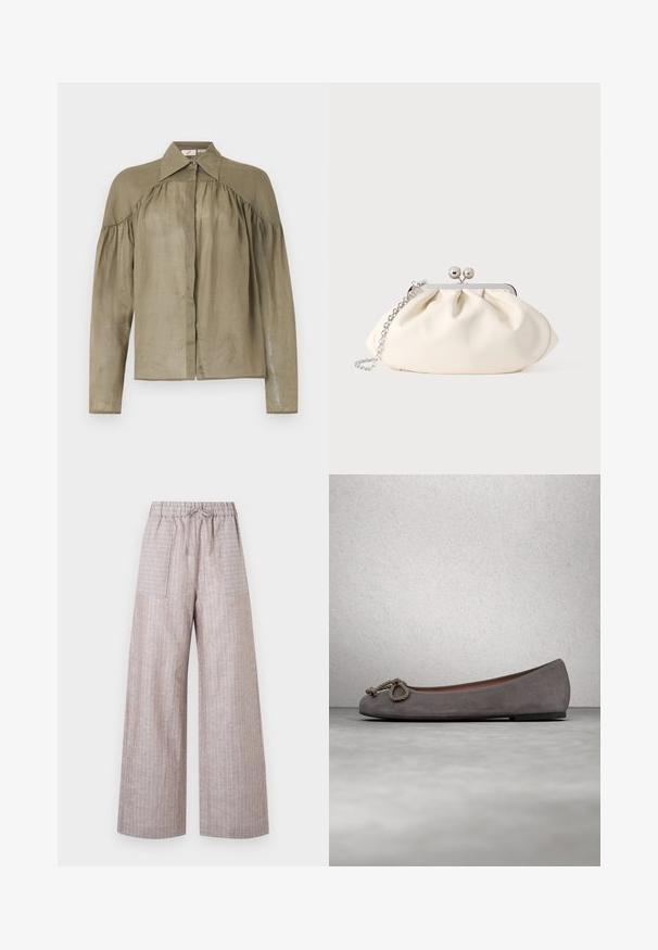 Olivengrøn langærmet bluse med samlet skulderstykke, bredt spidst krave, skjult knaplukning foran og løs pasform.; Lysebrune bukser med vide ben, tynde hvide lodrette striber, elastisk talje, snøre og forlommer med lapper.; Grå ruskind balletflade sko med en rundet tå, et knyttet reb-detalje og en subtil kontrastkant langs kanten. Flad, fleksibel sål.; Cremefarvet stofclutch med et rynket design, sølv metalramme, to dekorative kugler og en sølvkæde som rem.