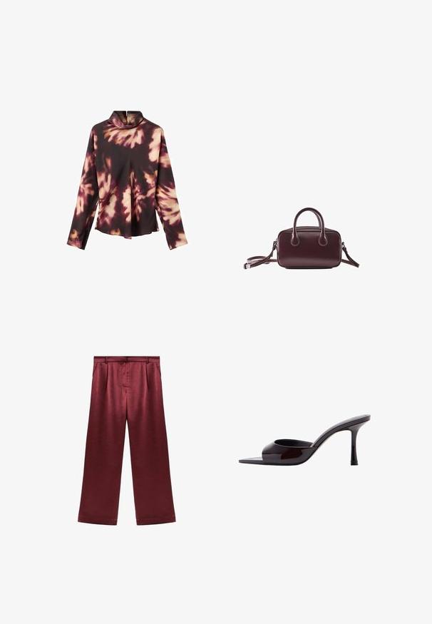 T-shirt à manches longues avec col montant, présentant un motif tie-dye dans des nuances de bordeaux et beige sur un tissu lisse et léger.; Pantalons larges bordeaux en satin avec une texture lisse, dotés d'une taille haute et de deux poches latérales pour un détail fonctionnel.; Mule en cuir verni noir à bout ouvert avec un talon stiletto fin de hauteur moyenne et une bride supérieure basse.; Petit sac à main en cuir brun foncé avec doubles poignées et une bandoulière amovible sur fond blanc.