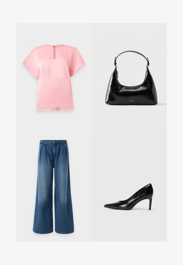 Blusa rosa suave de manga corta con tela texturizada y un pequeño escote en forma de ojo de cerradura cerrado con un broche plateado.; Pantalones vaqueros de pierna ancha hechos de mezclilla azul media, con plisados en la cintura y un diseño frontal plano. Dobladillo sencillo sin adornos visibles.; Zapato de tacón alto de cuero negro con punta afilada, textura suave y tacón en forma de cono. Diseño minimalista, sin adornos adicionales.; Bolso negro brillante de Calvin Klein con cremallera dorada y correa corta sobre un fondo blanco liso.