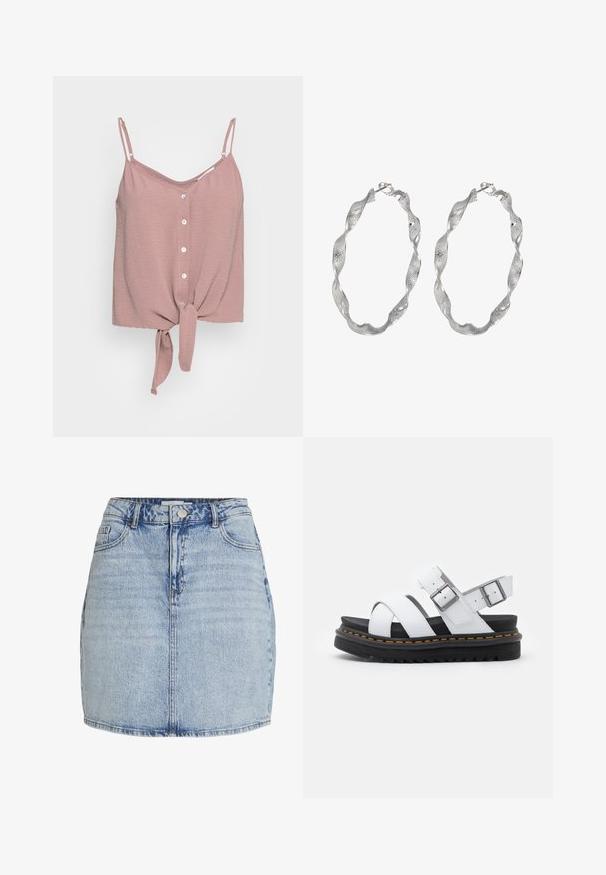 Stofzuiger rozenkleurige mouwloze top met een V-hals, knoopsluiting aan de voorkant en een geknoopte onderkant. Gemaakt van textuurstof met verstelbare spaghettibandjes.; Lichtblauwe denim mini-jurk met een sluiting met knopen en rits aan de voorkant, riemlussen en voorzakken.; Witte leren sandalen met verstelbare gespsluitingen, gelaagde zwarte plateauzool en oranje stiksel langs de rand.; Zilveren ringoorbellen met een gedraaide ontwerp, met een gestructureerd oppervlak en een veilige sluiting. Lichtgewicht en reflecterend met een vloeiende afwerking.
