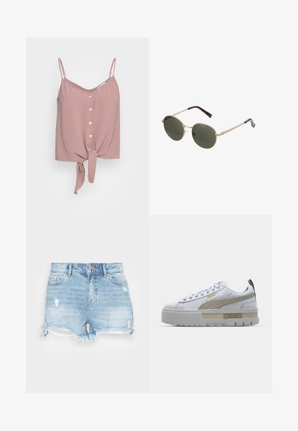 Top sin mangas en color rosa polvo, con escote en V, frente abotonado y dobladillo anudado. Fabricado en una tela texturizada con tirantes ajustables tipo espagueti.; Shorts de mezclilla en azul claro con un acabado desgastado, dobladillo deshilachado y diseño clásico de cinco bolsillos. Presenta un cierre de botón metálico.; Zapatilla blanca con una prominente franja beige, suela gris gruesa y detalles en dorado. Presenta cordones redondos y una lengüeta texturizada con el logo.; Gafas de sol redondas con montura metálica dorada y lentes verde oscuro. Las varillas presentan un diseño de carey para añadir un detalle extra.