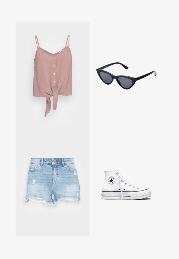 Top sans manches rose poussière avec un col en V, des boutons sur le devant et un ourlet noué. Fabriqué en tissu texturé avec des bretelles spaghetti ajustables.; Shorts en denim bleu clair avec une finition usée, un ourlet effiloché et un design classique à cinq poches. Comprend une fermeture à bouton en métal.; Baskets montantes blanches Converse Chuck Taylor All Star avec patch logo noir et lacets blancs, présentées sur fond blanc.; Lunettes de soleil noires en forme d'œil de chat avec des verres gris foncé, monture en plastique élégante, coins pointus et branches droites. Pas de métal visible ni d'accents.