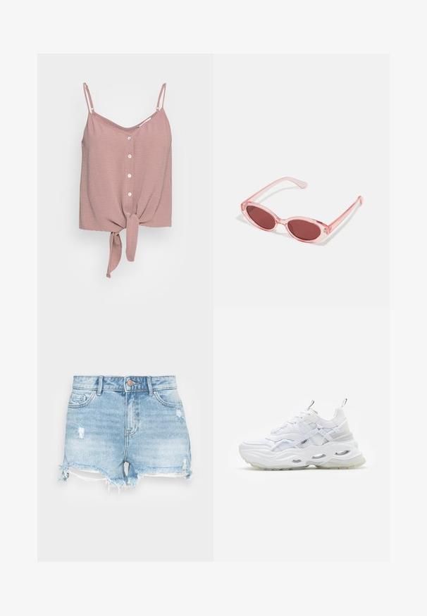 Top sans manches rose poussière avec un col en V, des boutons sur le devant et un ourlet noué. Fabriqué en tissu texturé avec des bretelles spaghetti ajustables.; Shorts en denim bleu clair avec une finition usée, un ourlet effiloché et un design classique à cinq poches. Comprend une fermeture à bouton en métal.; Baskets blanches avec une semelle épaisse, un dessus en mesh superposé et synthétique, présentant des accents à motifs, un système de laçage et une languette.; Lunettes de soleil transparentes roses avec des verres ovales, teintés d'un rouge foncé, et des branches fines, présentant une finition lisse et des détails subtils sur la monture.