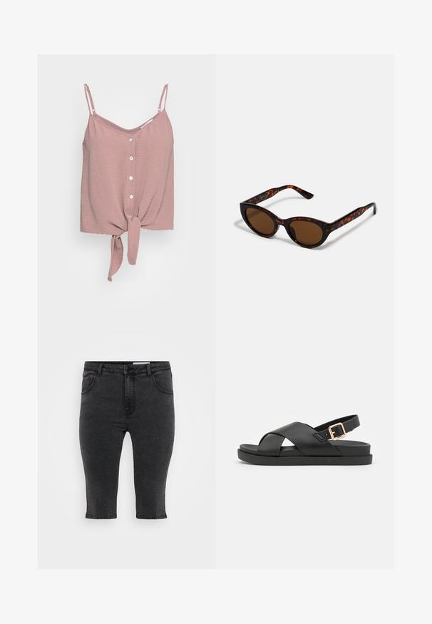 Støvet rosa ærmeløs top med V-udskæring, knaplukning foran og en knyttet kant. Fremstillet af tekstureret stof med justerbare spaghetti-stropper.; Sorte denim capri-bukser med lige skæring, fem lommer og tonalt syning. Stoffet har en let tekstur og et klassisk design.; Sorte slingback sandaler med krydsede stropper, lavet af tekstureret materiale. Har en flad sål og en guldfarvet spændeaccent på hælen.; Brune skildpadde solbriller med en vintage katteøje-form og brune linser. Har buede arme med røde detaljer.