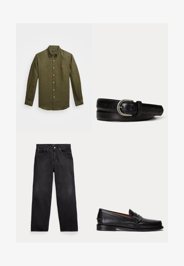 Olivgrünes Langarmhemd aus Leinen mit Button-Down-Kragen, ausgestattet mit weißen Knöpfen und einem kleinen orangefarbenen Logo auf der Brust.; Schwarze Jeans mit geradem Bein, fünf Taschen, Knopfverschluss und sichtbaren Metallnieten an den vorderen Taschen.; Schwarzer Lederloafer mit niedrigem Absatz und Pennyriemendetail, von der Seite auf hellgrauem Hintergrund gezeigt.; Schwarzer Ledergürtel mit silberner ovaler Schnalle, genähten Kanten und geprägtem kleinem Logo nahe der spitzen Spitze, auf einem weißen Hintergrund zusammengerollt liegend.