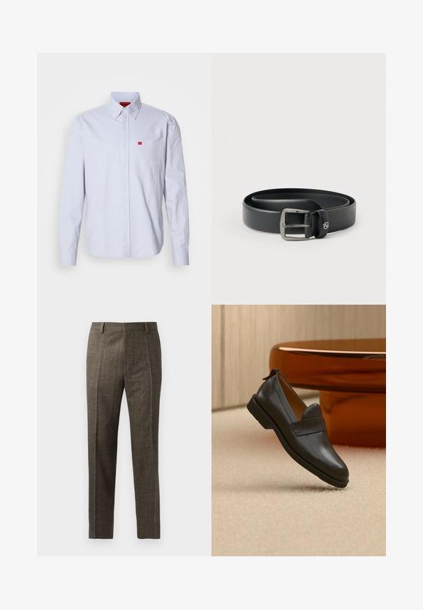 Camisa azul claro de botones hecha de tela con una textura suave. Presenta un pequeño logo rojo en el bolsillo del pecho y cuello abotonado.; Los pantalones marrones de cuadros presentan un corte recto, pliegues frontales y trabillas para el cinturón. Están confeccionados con una tela texturizada con finas rayas.; Mocasín de cuero negro con tacón bajo flotando sobre una alfombra beige, junto a una mesa brillante de color ámbar en una habitación minimalista.; Cinturón de cuero negro con hebilla metálica plateada brillante, textura suave y bordes cosidos. Cuenta con una trabilla para asegurar el extremo del cinturón.