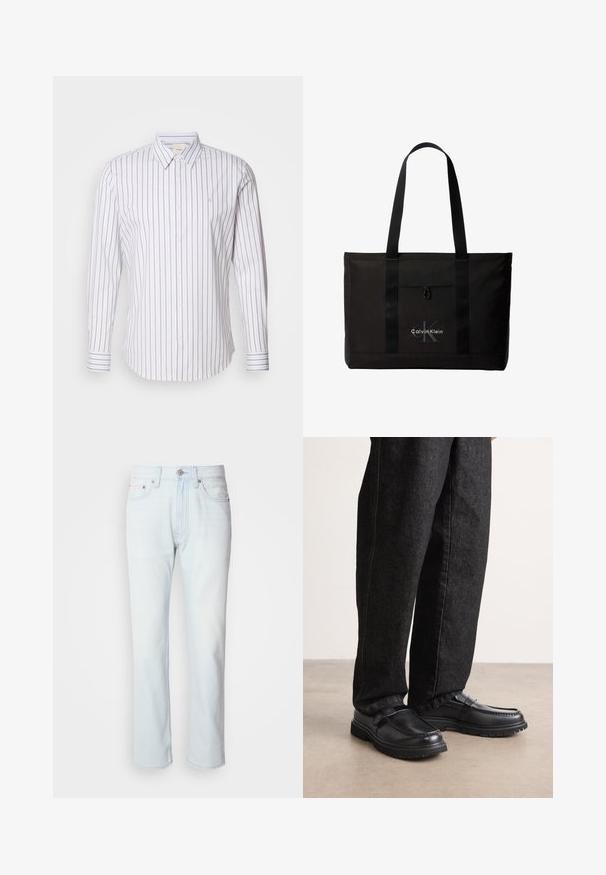 Calvin Klein SLIM FIT - Camisa - gray marble; Jeans de mezclilla azul claro con corte recto. Cuentan con un cierre de botón y pasadores para cinturón, mostrando una textura desgastada y costuras mínimas.; Zapatos de cuero negro con acabado texturizado, que cuentan con un diseño de costura elevada y suela de goma resistente, combinados con pantalones de mezclilla oscuros.; Bolso tote negro de Calvin Klein con dos asas largas y bolsillo delantero, con el logo de la marca en blanco y gris.