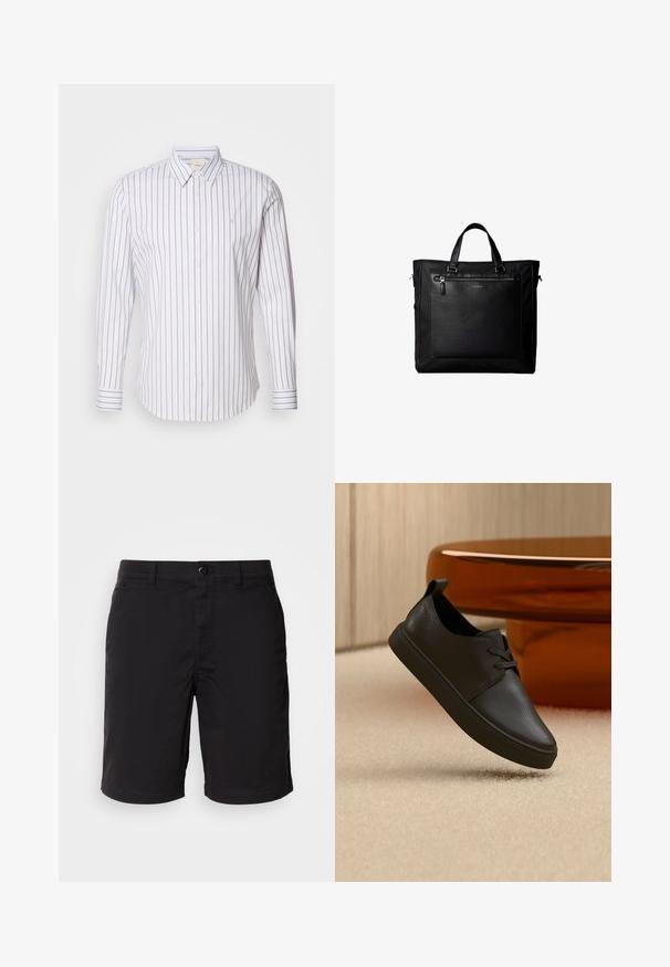 Calvin Klein SLIM FIT - Camisa - gray marble; Pantalones cortos negros de tela ligera, con cierre de botón, cintura estándar y corte recto. Sin patrones ni acentos visibles.; Zapatilla casual negra de cuero con cordones, flotando sobre una alfombra beige, con una mesa de cristal ámbar redondeada en el fondo.; Bolsa tote negra con asas dobles, gran bolsillo delantero de cuero con cremallera y sutil logo de Calvin Klein en el centro del bolsillo.