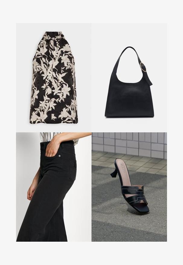 MARCIANO BY GUESS SUNBURST - Blouse - black; Zwarte denim wijde pijpen jeans met een hoge taille, een voorzak en een achterzak met patch. Gladde textuur met minimale stiksel details.; Zwarte open teen hoge muil met dubbele banden en vierkante neus op een gestructureerde bestrating tegen een achterwand met tegels.; Zwarte leren tote bag met een gladde textuur, ronde vorm en een enkele schouderband met een ronde gouden hardware accent.