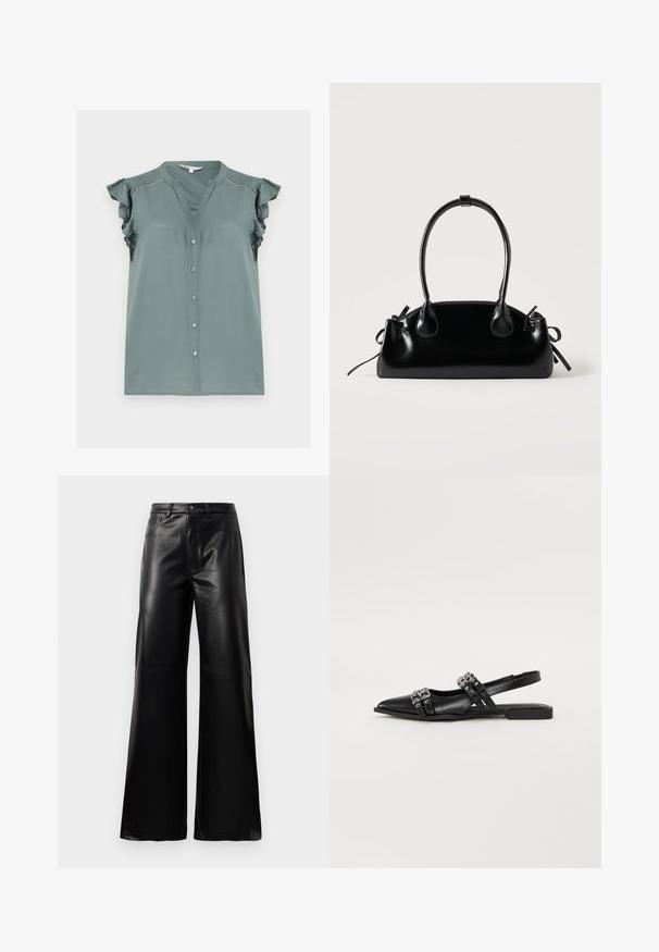 Mouwloze lichtgroene top met knopen aan de voorkant, gerimpelde schouderdetails en subtiele kanten afwerking langs de bovenkant van de borst en schouders.; Zwarte high-waisted wide-leg neplederen broek met een voorste knoop, ritssluiting, riemlussen en zijzakken op een witte achtergrond.; Even&Odd by Zalando Slingback ballerina´s - black; Kleine zwarte glanzende handtas met twee lange hengsels en zijkant trekkoord details op een effen lichte achtergrond.