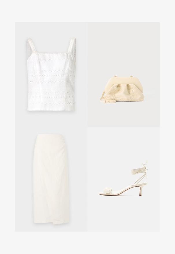 Witte katoenen top met dunne bandjes, voorzien van geborduurde patronen en uitsnijdingen. Gladde textuur, aansluitend ontwerp.; Witte knie-lange rok van lichtgewicht stof, met een wrapsdesign en een zachte, gestructureerde oppervlakte. Eenvoudige, strakke lijnen zonder versieringen.; Roomkleurige sandalen met lage hak, enkelriempjes en een brede gedraaide band over de tenen, op een effen witte achtergrond.; Crèmekleurige stoffen handtas met bloemrijke borduursels, zachte afgeronde bovenkant en verstelbare band, plat gelegd op een lichtgrijze achtergrond.