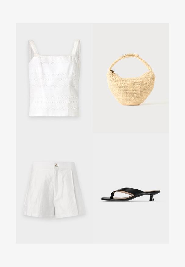 Camisole en coton blanc avec de fines bretelles, ornée de motifs brodés et de découpes. Texture lisse, design ajusté.; Shorts en lin blancs avec une taille plate, un design à plis sur le devant et un accent de logo métallique au centre avant.; Sandale noire en cuir avec talon bas kitten et bout légèrement carré sur fond uni gris clair.; Sac à main beige tissé avec corps arrondi, fermeture éclair et une sangle courte et épaisse dans un style crochet simple et texturé.