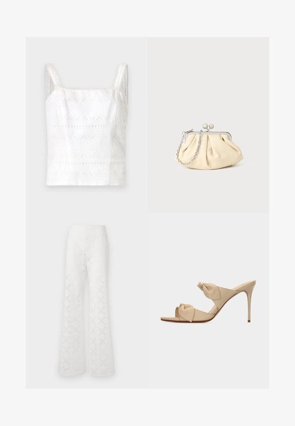 Camisole en coton blanc avec de fines bretelles, ornée de motifs brodés et de découpes. Texture lisse, design ajusté.; Pantalons évasés blancs en tissu texturé présentant un motif en diamant. La taille est lisse, sans matériel ou accents visibles.; Mule beige à talon haut ouvert à l'avant avec deux brides nouées torsadées et un talon aiguille fin sur fond blanc.; Pochette en cuir beige plissé avec un cadre en métal argenté, dotée de deux fermoirs ronds décoratifs et d'une chaîne en argent.