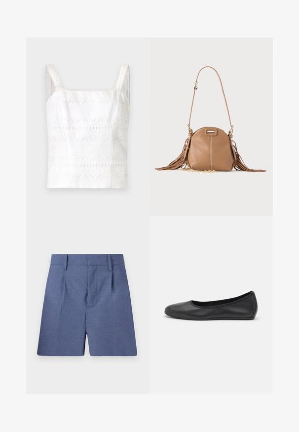 Camisole en coton blanc avec de fines bretelles, ornée de motifs brodés et de découpes. Texture lisse, design ajusté.; Shorts bleu sur mesure avec passants de ceinture, plis à l'avant et fermeture frontale cachée, présentés sur fond blanc.; Ballerines en cuir noir avec un bout rond, texture lisse, détails de couture minimalistes et design de semelle flexible.; Petit sac à bandoulière en cuir fauve avec longue bandoulière, détail chaîne dorée et franges des deux côtés sur un fond neutre.
