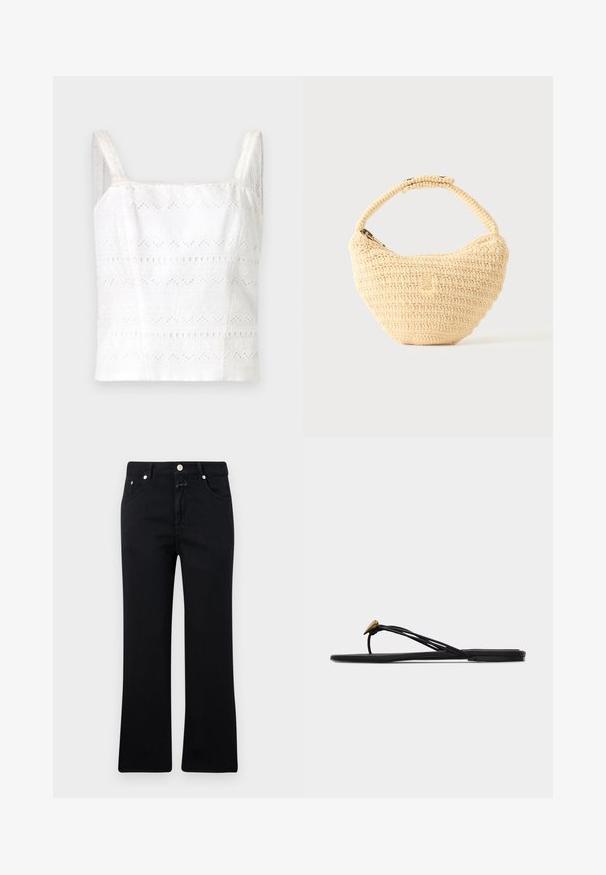 Hvid bomulds cami-top med tynde stropper, prydet med broderede mønstre og udskæringer. Glat tekstur, tætsiddende design.; Sorte jeans med lige ben, fem-lomme stil, metalhardware og en blød denimtekstur. Minimalistisk og ensartet i farven.; Sort flad thong-sandal med flere tynde stropper og en lille guldfarvet dråbeformet dekoration på den forreste rem.; Beige vævet håndtaske med afrundet krop, lynlås, og en kort, tyk strop i en enkel, tekstureret hæklestil.
