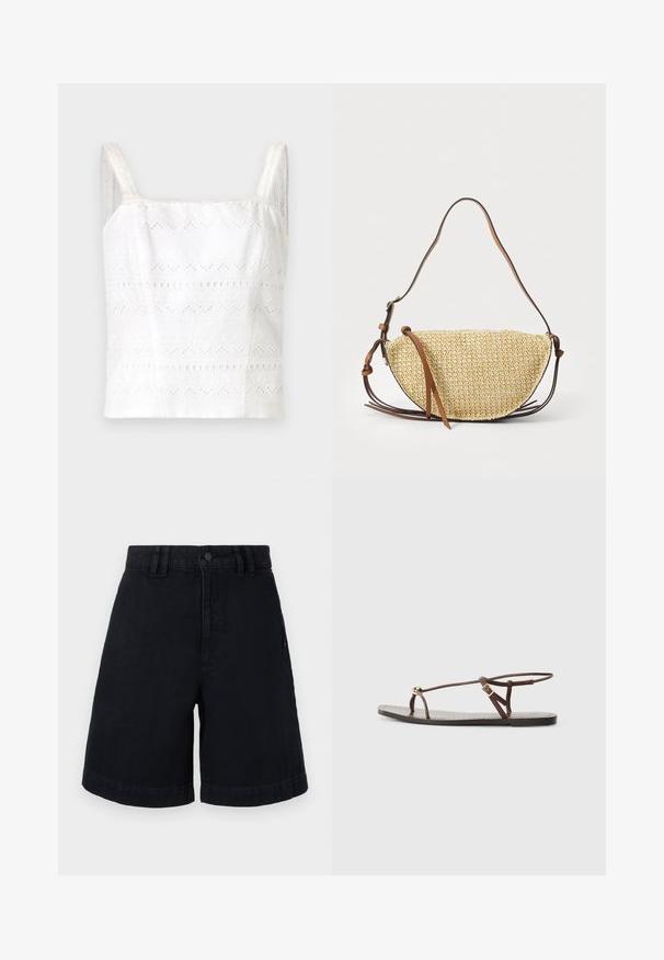 Camisole en coton blanc avec de fines bretelles, ornée de motifs brodés et de découpes. Texture lisse, design ajusté.; Shorts en denim noir à coupe droite, avec une fermeture à bouton, des passants de ceinture et des ourlets roulés. Texture lisse avec des détails de couture subtils.; Sandale en cuir marron avec des fines lanières, un accent circulaire doré et une semelle plate. Design minimaliste avec un détail de boucle réglable.; Sac à main en paille tissée en forme de demi-lune, avec une bandoulière en cuir marron et des accents. Couleur naturelle texturée avec des bords lisses.