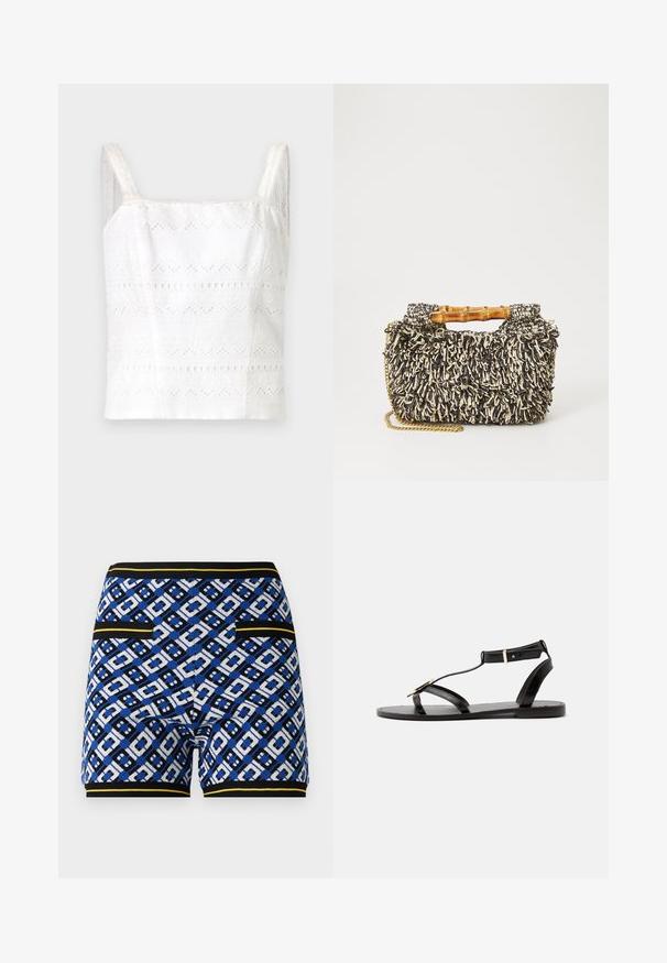 Hvid bomulds cami-top med tynde stropper, prydet med broderede mønstre og udskæringer. Glat tekstur, tætsiddende design.; Strikkede mønstrede shorts med et blåt, sort og hvidt geometrisk design, med kontrasterende gule accenter og lommer på siderne.; Sort flad sandal med tynde remme, en ankelspænde og en guldfarvet cirkulær dekorativ spænde på frontremmen.; Vævet taske med et struktureret sort og creme mønster, bambushåndtag og en aftagelig guldkæde-strop. Kompakt rektangulær form.