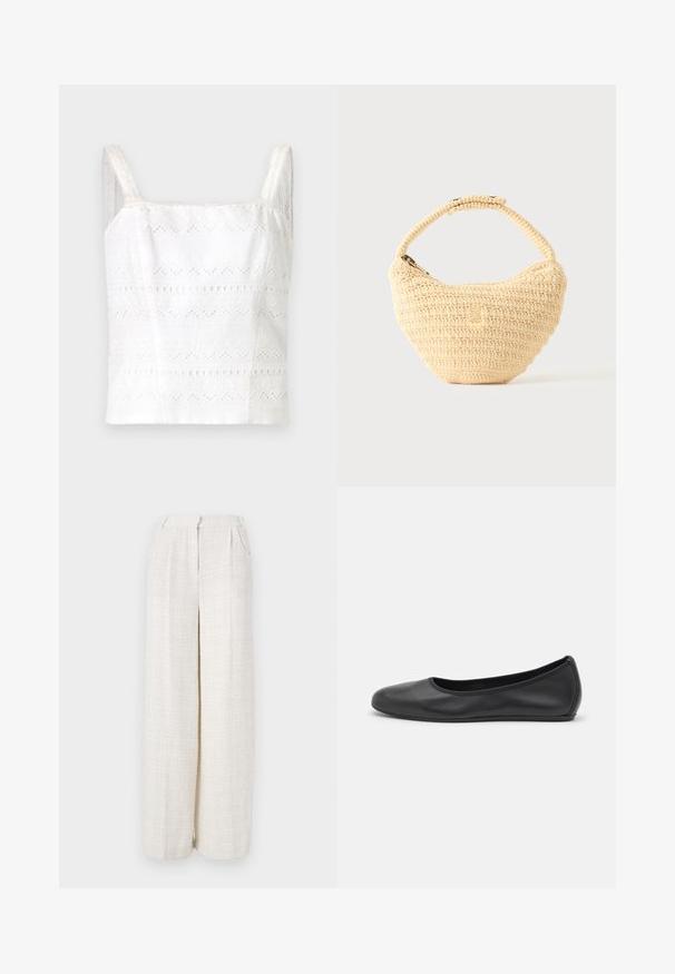 Camisole en coton blanc avec de fines bretelles, ornée de motifs brodés et de découpes. Texture lisse, design ajusté.; Pantalons larges en tissu beige clair avec un motif tissé texturé. Présentent une taille frontale et pas de fermetures visibles.; Ballerines en cuir noir avec un bout rond, texture lisse, détails de couture minimalistes et design de semelle flexible.; Sac à main beige tissé avec corps arrondi, fermeture éclair et une sangle courte et épaisse dans un style crochet simple et texturé.