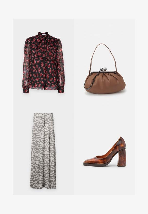 Hofmann Copenhagen NOLA - Skjortebluser - kiss me red; Bredde bukser i et letvægtsstof med et grå- og hvidt bølget camouflage-mønster, med knaplukning og plisseret design.; ECKHAUS LATTA BOWED COMBO ABRASIVATO - Højhælede pumps - brown; Brun læderhåndtaske med en samlet design, en kort læderhank og en kædestrop. Har en sølvmetalspænde med to runde pynt.